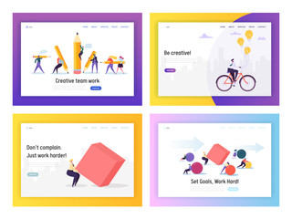 Business People Competition Concept Landing Page Set. Businessman Riding Bike to Work. Character Move Heavy Shape. Leadership Goal for Career Website or Web Page. Flat Cartoon Vector Illustration
