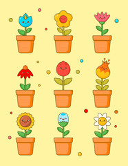 Obraz premium Cute Flower Kawaii Clipart Sticker Set