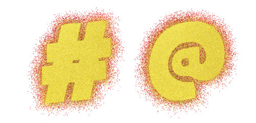 Gold glitter alphabet font. Bold letteres comics. Yellow font 3d render. Path save. Concept hashtag and internet icon.
