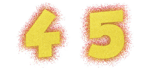  Gold glitter numbers font. Bold letteres comics. Yellow font 3d render. Path save. Numbers 4, 5