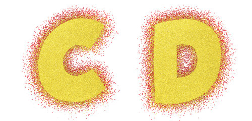Gold glitter alphabet font. Bold letteres comics. Yellow font 3d render. Path save. Letters C, D