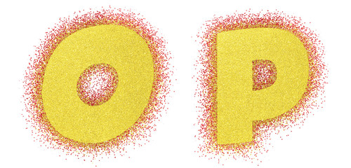 Gold glitter alphabet font. Bold letteres comics. Yellow font 3d render. Path save. Letters O, P