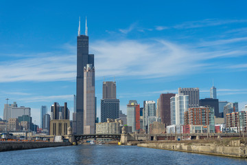 View of The Chicago River and skyscrapers in downtown Chicago,Illinois, USA