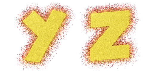 Gold glitter alphabet font. Bold letteres comics. Yellow font 3d render. Path save. Letters Y, Z