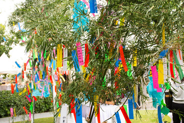 Travelers people join and writing wishes on paper and hang on bamboo tree in Tanabata or Star Japanese festival at Japan village - obrazy, fototapety, plakaty