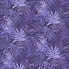 Fototapeta na wymiar Deep violet seamless pattern with overlap mess of light and dark fern tropical leaves. Trendy purple exotic plants texture for textile, wrapping paper, surface, wallpaper, background