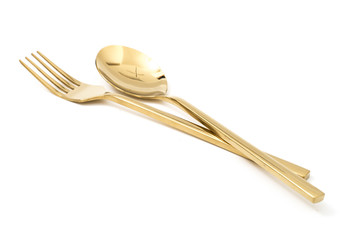 golden spoon and fork isolated on a white