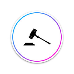 Judge gavel icon isolated on white background. Gavel for adjudication of sentences and bills, court, justice, with a stand. Auction hammer symbol. Circle white button. Vector Illustration
