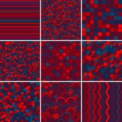 Set with nine seamless abstract geometric pattern, vector illustration. Red, blue colors.
