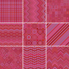 Set with nine pink seamless abstract geometric pattern, vector illustration