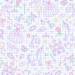 Fototapeta premium Seamless pattern on the theme of Hobbies baby girls, simple contour icons, contours are drawn with colored markers contour icons on the clean writing-book sheet in a cage