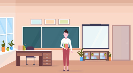 woman teacher standing in modern school classroom interior chalk board desk female cartoon character full length horizontal banner flat vector illustration