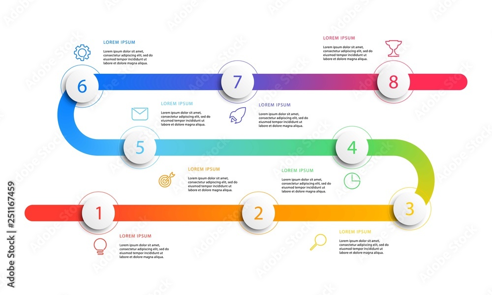 Poster business timeline workflow infographics with realistic 3d round elements. modern corporate report te