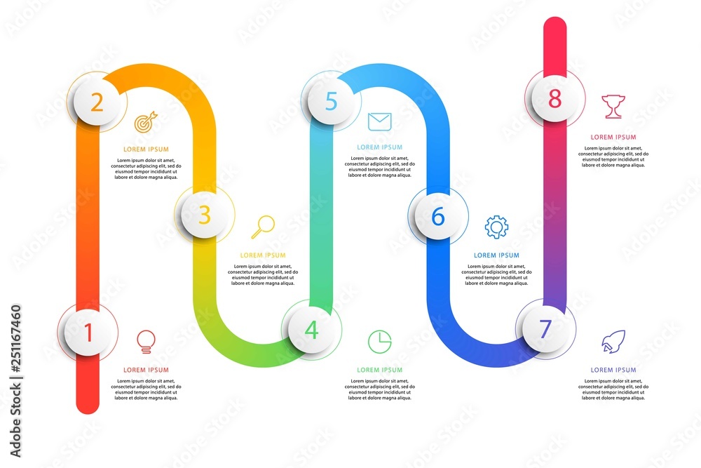 Aufkleber business timeline workflow infographics with realistic 3d round elements. modern corporate report te