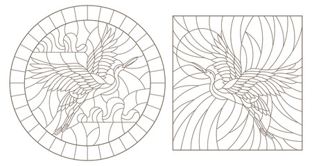 A set of contour illustrations of stained glass Windows with stork birds, oval and rectangular images