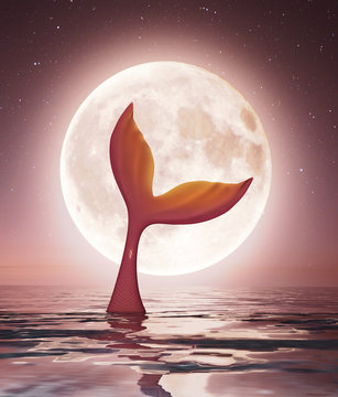 Mermaid enjoy the moonlight,3d rendering