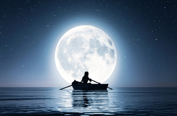 Girl on row boat on the sea under the moonlight,3d rendering - 251167601