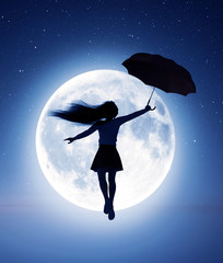 Girl flying with an umbrella to the moon,3d rendering