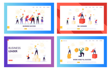 Winner Business Achievement Concept Landing Page Set. Entrepreneur Businessman Leader. Happy Team Success with Manager Holding Winner Prize Money Website or Web Page. Flat Cartoon Vector Illustration