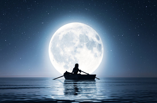 Girl on row boat on the sea under the moonlight,3d rendering