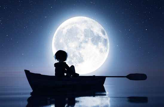 Girl on row boat on the sea under the moonlight,3d rendering
