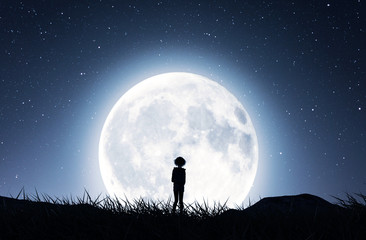 Fototapeta premium Girl walking to the moon in starry night,3d rendering