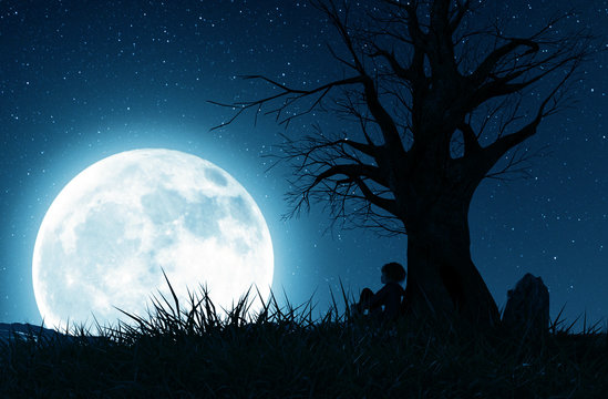 Lonely girl sitting alone under the tree and looking to the moon,3d rendering