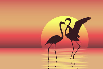 Fototapeta na wymiar Beautiful colorful sunset scene with flamingo couple silhouettes. Vector illustration