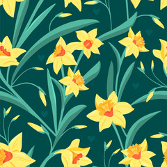 Seamless pattern of yellow narcissus with green leaves. Vector illustration for textile, postcard, wrapping paper, poster, background, book, t-shirt.