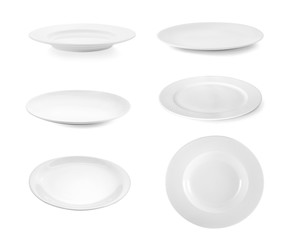 collection of ceramic white plate on white background