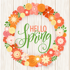 Hand drawn lettering. Spring time banner. Origami flower frame. Vector Illustration EPS10
