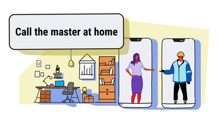 woman calling master at home using mobile app house renovation concept living room interior male female cartoon characters full length colorful sketch flow style horizontal