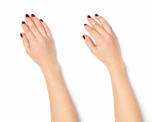 Woman hands on white background.