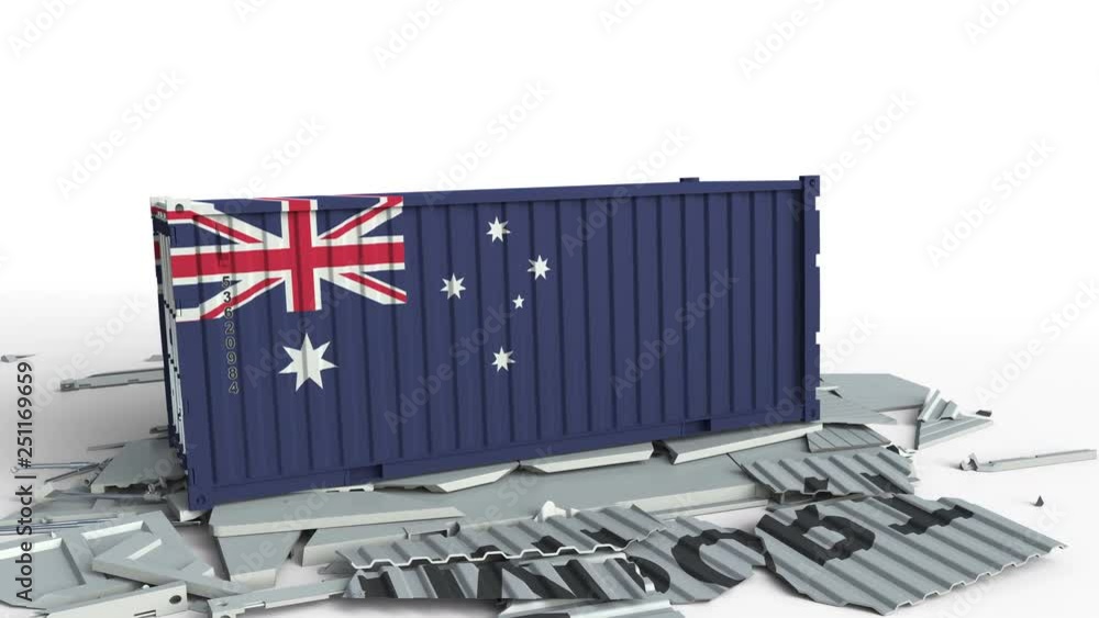 Poster container with import text being crashed with container with flag of australia, conceptual 3d animat