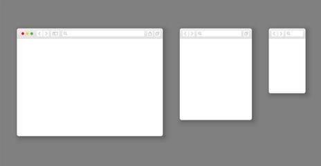 Browser mockups. Website different devices web window mobile screen internet flat template empty page network row set © YummyBuum
