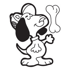 Dog in a baseball cap with a bone - cute puppy cartoon doodles coloring for kids.