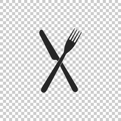 Crossed fork and knife icon isolated on transparent background. Restaurant icon. Flat design. Vector Illustration