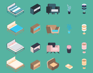 Cartoon picture set of bed, chair, nightstand, bedside table, reading lamp, flower in a vase in the different versions and in different colors. Isometric vector illustration.