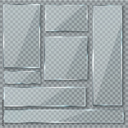 Glass plate. Glass texture effect window plastic clear transparent banners plates acrylic glossy signs vector set