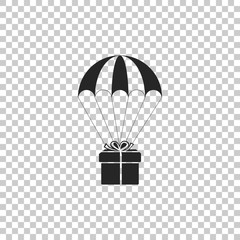 Gift box flying on parachute icon isolated on transparent background. Delivery service, air shipping concept, bonus concept. Flat design. Vector Illustration