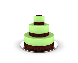 Green cake on three floors with chocolate ribbons and bows on it isolated on white background