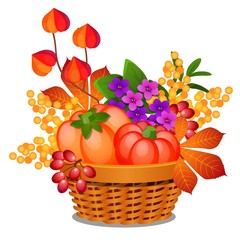 Composition in the form of a wicker basket filled with ripe vegetables, fruits of physalis or winter cherry and autumn leaves isolated on white background. Vector cartoon close-up illustration.