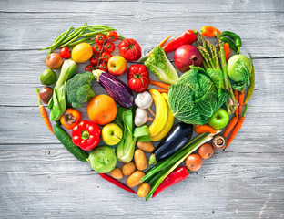 Heart shape by various vegetables and fruits
