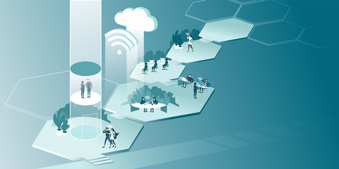 Network communication systems in a modern office. Isometric illustration.
