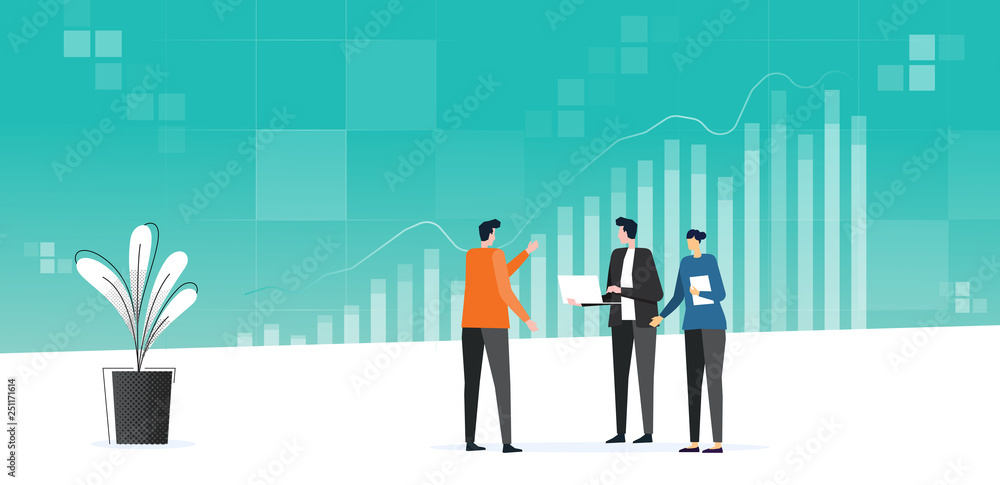 Aufkleber flat business team meeting working analytics and monitoring investment finance plan on report graph 