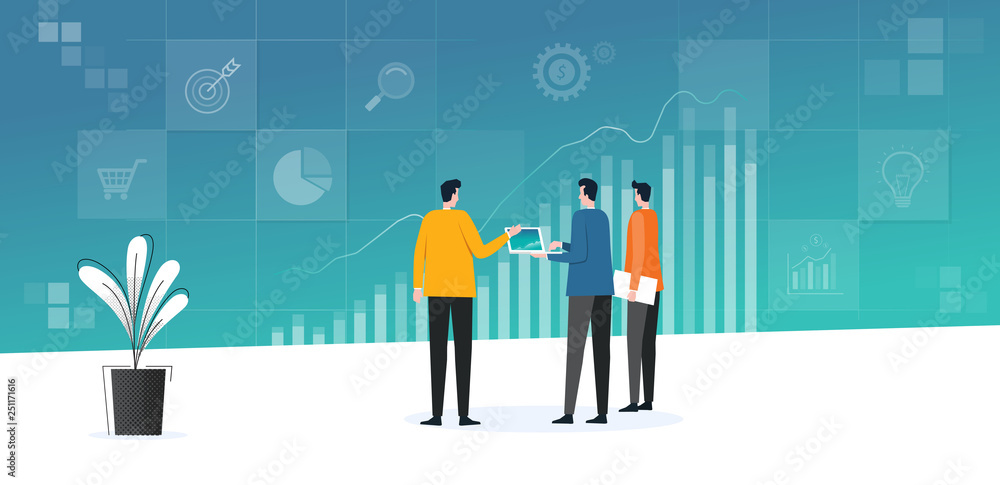 Poster flat business team meeting working analytics and monitoring investment finance plan on report graph 