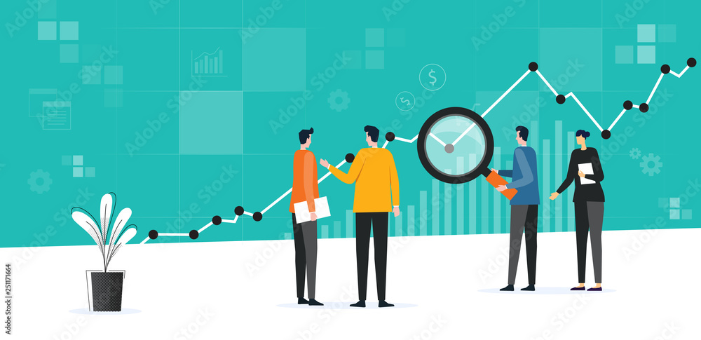 Poster flat business team meeting working  analytics and monitoring investment finance plan on report graph dashboard concept