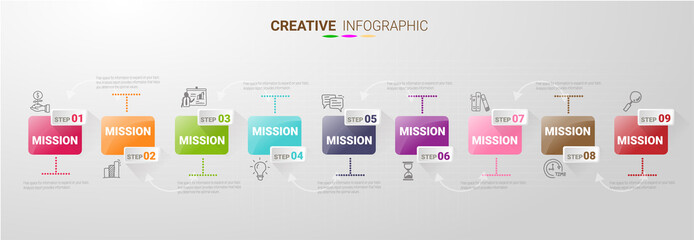 Presentation business infographic template, Abstract infographics number options template with 9 steps. Vector illustration.