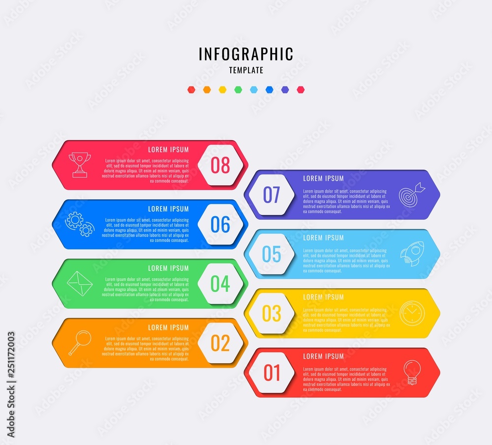 Aufkleber hexagonal infographic elements with eight steps, options, parts or processes with text boxes and mar