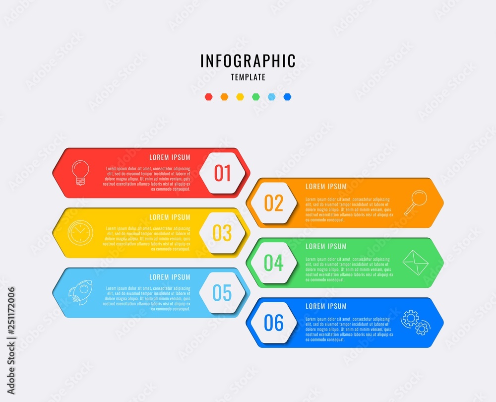 Aufkleber hexagonal infographic elements with six steps, options, parts or processes with text boxes and marke